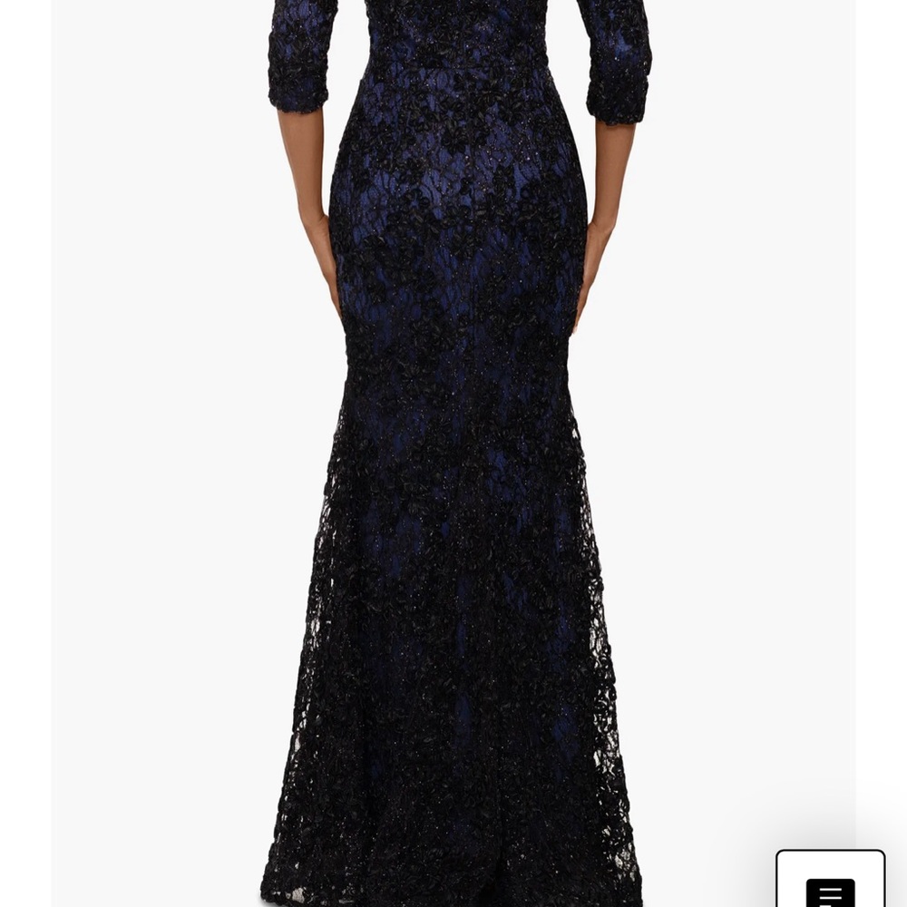 Xscape Black and Blue Lace Long Sleeve Dress
